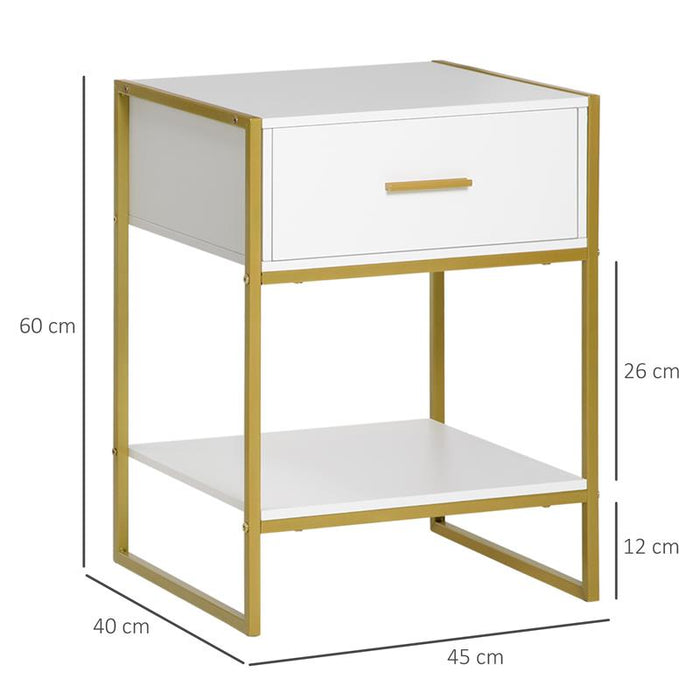 SET 2 COMODINI MODERNI CON CASSETTO E RIPIANO APERTO IN MDF E ACCIAIO, 45X40X60CM, BIANCO E ORO
