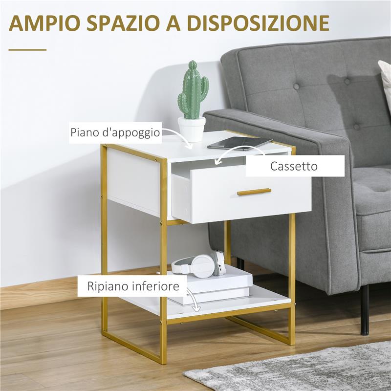 SET 2 COMODINI MODERNI CON CASSETTO E RIPIANO APERTO IN MDF E ACCIAIO, 45X40X60CM, BIANCO E ORO