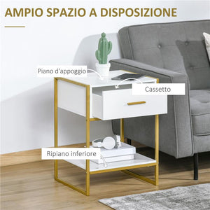 SET 2 COMODINI MODERNI CON CASSETTO E RIPIANO APERTO IN MDF E ACCIAIO, 45X40X60CM, BIANCO E ORO