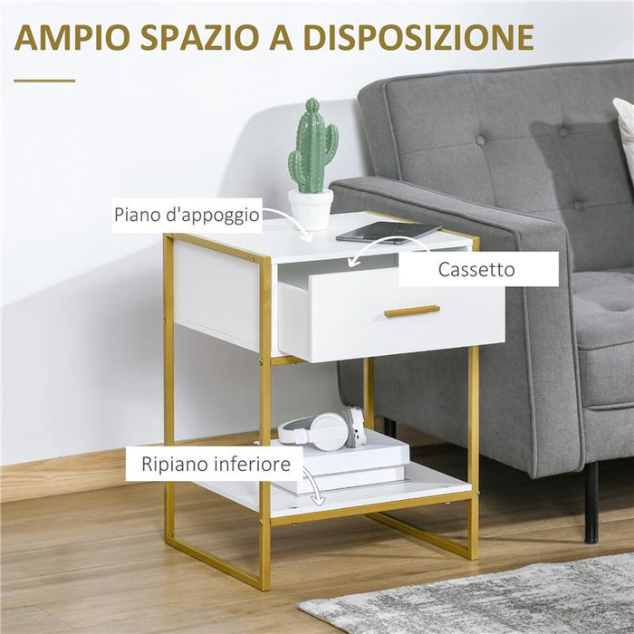 SET 2 COMODINI MODERNI CON CASSETTO E RIPIANO APERTO IN MDF E ACCIAIO, 45X40X60CM, BIANCO E ORO