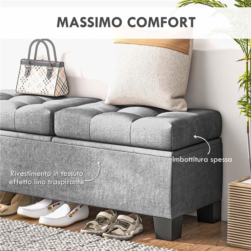 PANCA FONDOLETTO CONTENITORE IN TESSUTO CON IMBOTTITURA TRAPUNTATA, 116X41X47CM, GRIGIO