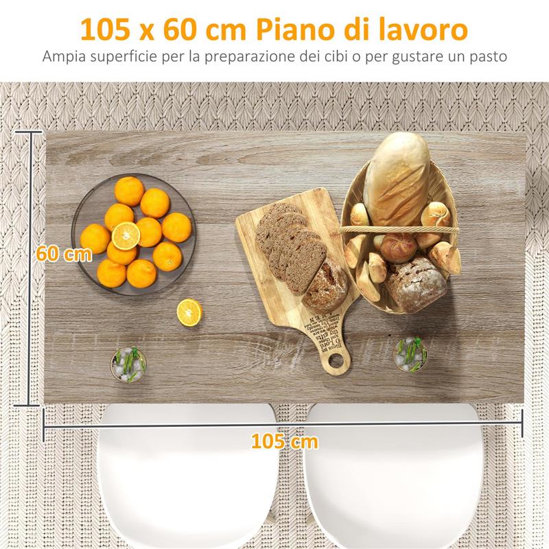 ISOLA PER CUCINA CON 2 RIPIANI APERTI E 2 ARMADIETTI, IN MDF, 105X60X82 CM, COLOR ROVERE E NERO