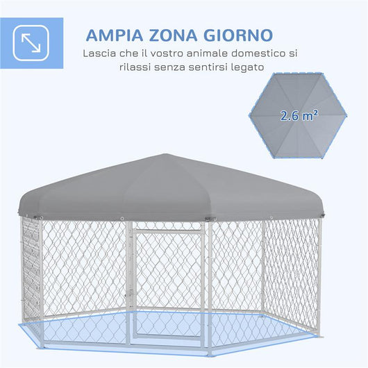 RECINTO PER CANI TAGLIA GRANDE CON TETTO IN TESSUTO OXFORD ANTI UV, 2.1X1.85X1.5M, ARGENTO E GRIGIO