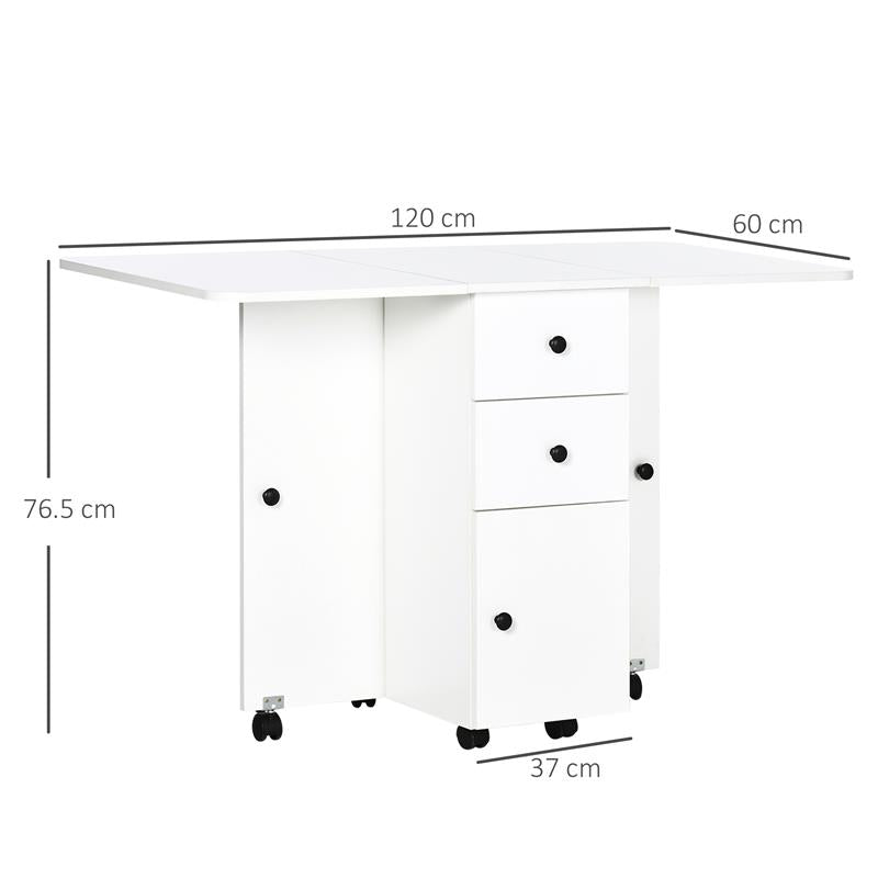 TAVOLO A RIBALTA PER 6 PERSONE MAX CON 2 CASSETTI, ARMADIETTO E RIPIANO, IN TRUCIOLATO, 120X60X76.5 CM, BIANCO