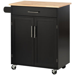 CARRELLO DA CUCINA CON CASSETTO E ARMADIETTO 2 ANTE, RUOTE E BARRA LATERALE, 83X45X91.5CM, NERO