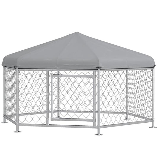 RECINTO PER CANI TAGLIA MEDIA CON TETTO IN TESSUTO OXFORD ANTI UV, 2.1X1.85X1.2M, ARGENTO E GRIGIO