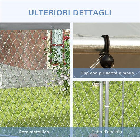 RECINTO PER CANI TAGLIA MEDIA CON TETTO IN TESSUTO OXFORD ANTI UV, 2.1X1.85X1.2M, ARGENTO E GRIGIO