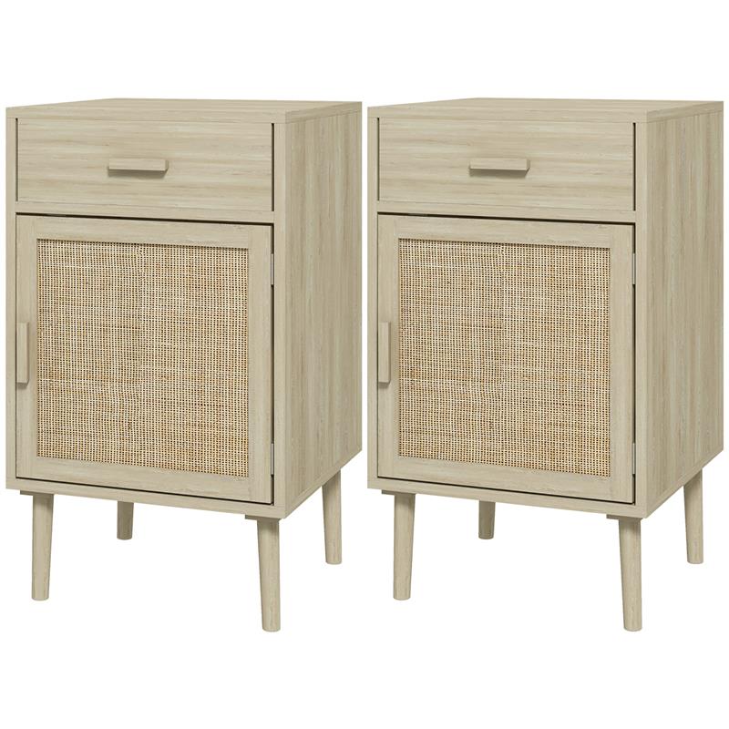 SET 2 COMODINI PER CAMERA DA LETTO CON CASSETTO E ANTA IN RATTAN STILE BOHO, COLORE LEGNO