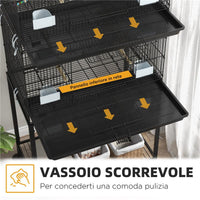 GABBIA PER UCCELLI IN ACCIAIO E PP, DESIGN IMPILATO CON POSATOI, ALTALENE E SCALETTE, 77X46X164 CM, NERO