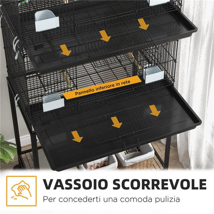 GABBIA PER UCCELLI IN ACCIAIO E PP, DESIGN IMPILATO CON POSATOI, ALTALENE E SCALETTE, 77X46X164 CM, NERO