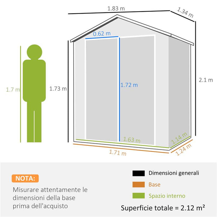 CASETTA DA GIARDINO CON FINESTRA E DOPPIA PORTA, IN ALLUMINIO E PP, 183X134X210 CM, GRIGIO