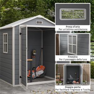 CASETTA DA GIARDINO CON FINESTRA E DOPPIA PORTA, IN ALLUMINIO E PP, 183X134X210 CM, GRIGIO