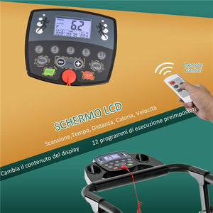 TAPIS ROULANT ELETTRICO PIEGHEVOLE SALVASPAZIO, TAPIS ROULANT PROFESSIONALE CON DISPLAY LCD, VELOCITÀ 0.8-10KM/H E 12 PROGRAMMI, POTENZA 500W, PER CASA E UFFICIO, NERO