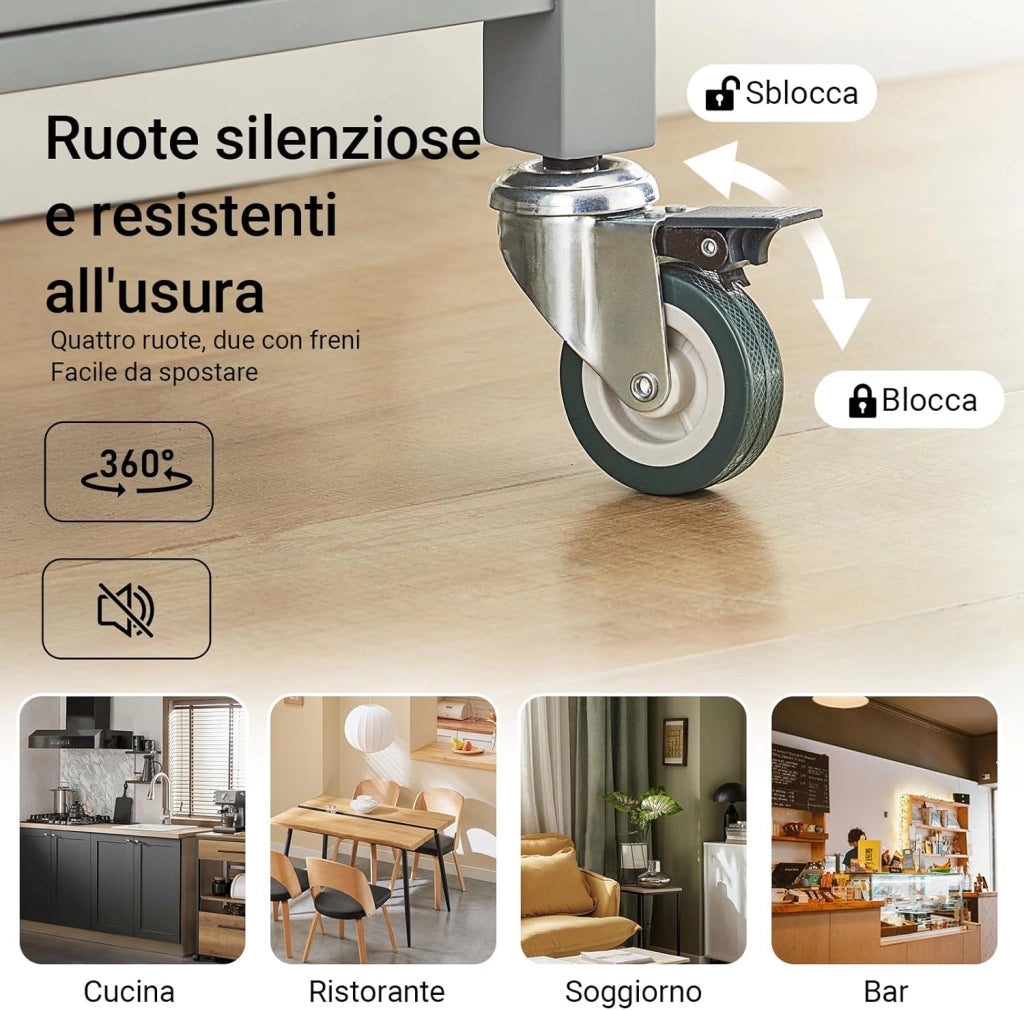 Carrello cucina salvaspazio con piano di lavoro – Mobile cucina con ruote, ideale come mobiletto cucina, credenza compatta o mobile microonde – Disponibile in Grigio 60x92x44cm FKW22-HG