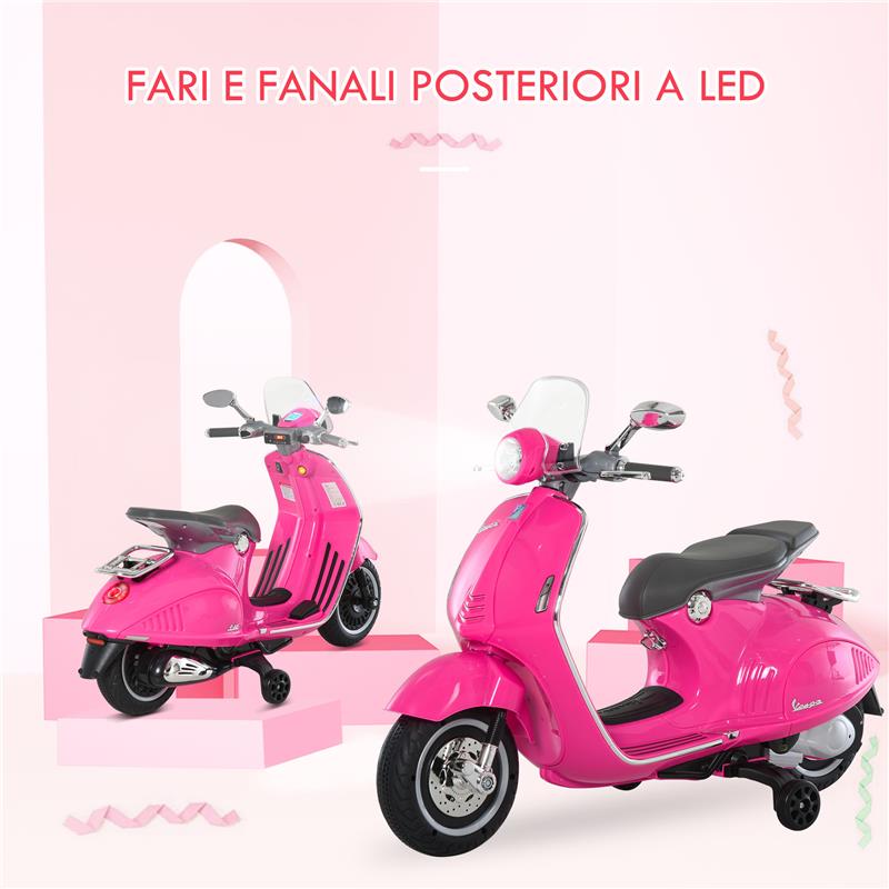 MOTO ELETTRICA PER BAMBINI CON LICENZA UFFICIALE VESPA, 2 ROTELLE, LUCI E SUONI, 108X49X75 CM, ROSA