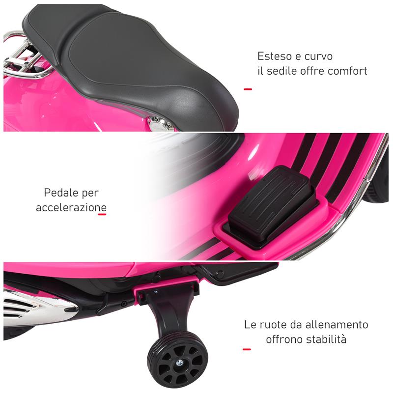 MOTO ELETTRICA PER BAMBINI CON LICENZA UFFICIALE VESPA, 2 ROTELLE, LUCI E SUONI, 108X49X75 CM, ROSA