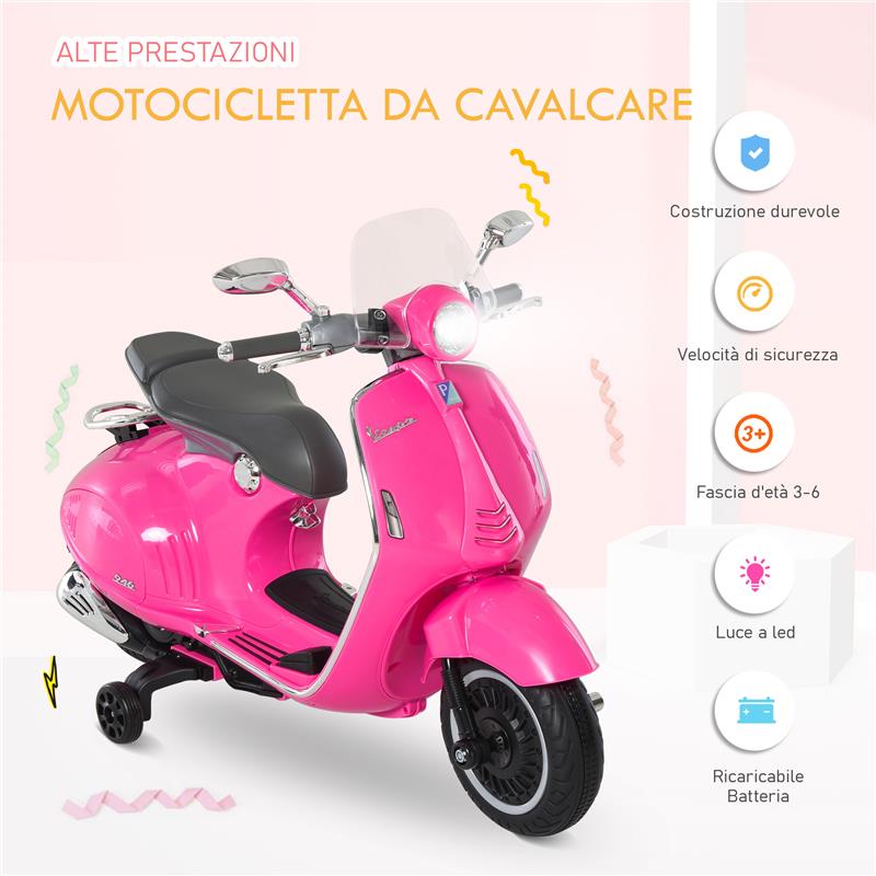 MOTO ELETTRICA PER BAMBINI CON LICENZA UFFICIALE VESPA, 2 ROTELLE, LUCI E SUONI, 108X49X75 CM, ROSA