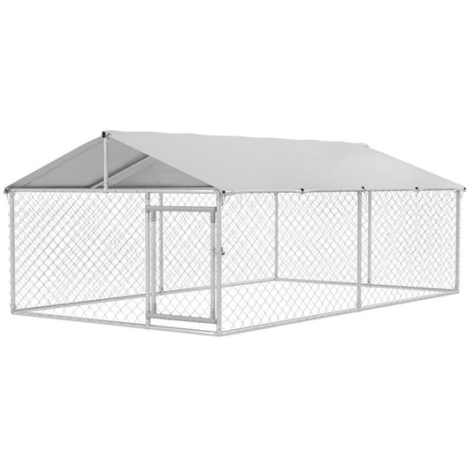 RECINTO PER CANI GRANDI FINO 30KG PER ESTERNO, CON TETTO IMPERMEABILE E ANTI-UV, 4X2.3X1.5M, ARGENTO
