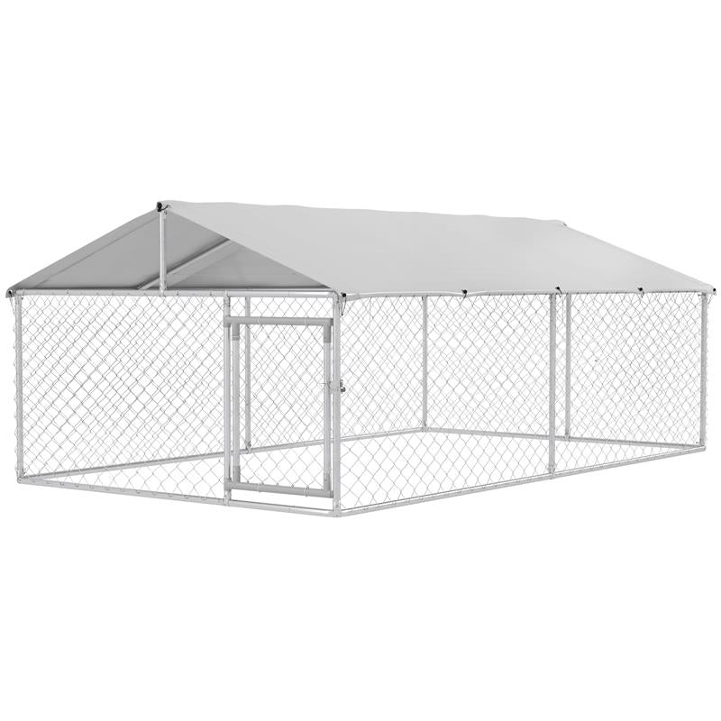 RECINTO PER CANI GRANDI FINO 30KG PER ESTERNO, CON TETTO IMPERMEABILE E ANTI-UV, 4X2.3X1.5M, ARGENTO