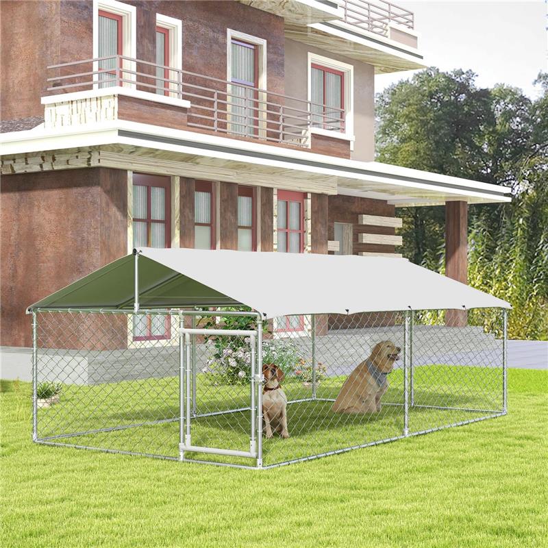 RECINTO PER CANI GRANDI FINO 30KG PER ESTERNO, CON TETTO IMPERMEABILE E ANTI-UV, 4X2.3X1.5M, ARGENTO