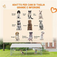 RECINTO PER CANI GRANDI FINO 30KG PER ESTERNO, CON TETTO IMPERMEABILE E ANTI-UV, 4X2.3X1.5M, ARGENTO
