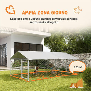 RECINTO PER CANI GRANDI FINO 30KG PER ESTERNO, CON TETTO IMPERMEABILE E ANTI-UV, 4X2.3X1.5M, ARGENTO