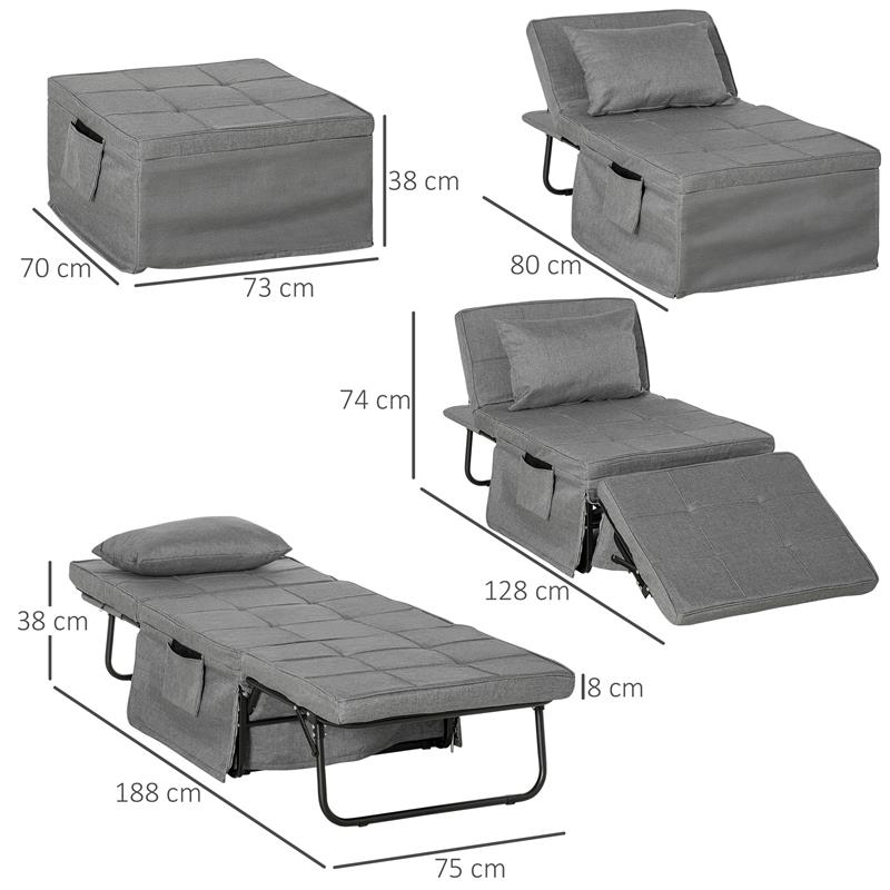 POUF LETTO PIEGHEVOLE MULTIUSO 4 IN 1 CON SCHIENALE RECLINABILE A 5 LIVELLI, GRIGIO