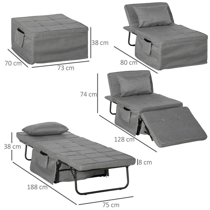 POUF LETTO PIEGHEVOLE MULTIUSO 4 IN 1 CON SCHIENALE RECLINABILE A 5 LIVELLI, GRIGIO