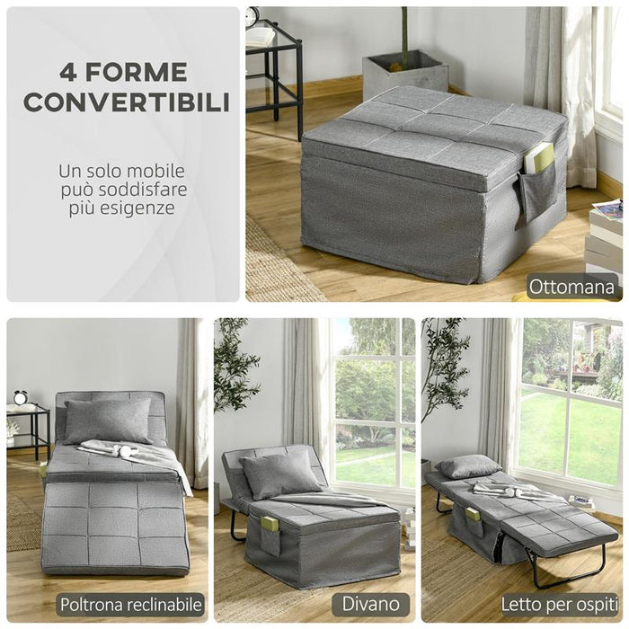 POUF LETTO PIEGHEVOLE MULTIUSO 4 IN 1 CON SCHIENALE RECLINABILE A 5 LIVELLI, GRIGIO