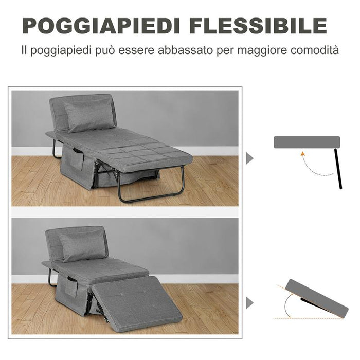 POUF LETTO PIEGHEVOLE MULTIUSO 4 IN 1 CON SCHIENALE RECLINABILE A 5 LIVELLI, GRIGIO