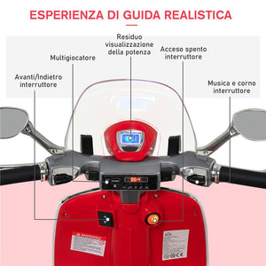 MOTO ELETTRICA PER BAMBINI CON LICENZA UFFICIALE VESPA, 2 ROTELLE, LUCI E SUONI, 108X49X75 CM, ROSSA