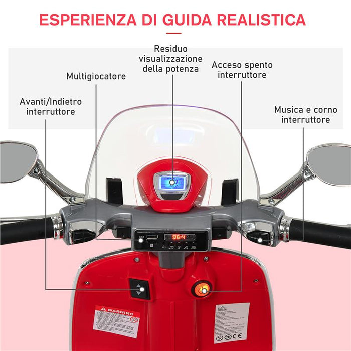 MOTO ELETTRICA PER BAMBINI CON LICENZA UFFICIALE VESPA, 2 ROTELLE, LUCI E SUONI, 108X49X75 CM, ROSSA