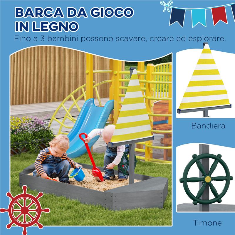 SABBIERA PER BAMBINI 3-8 ANNI A FORMA DI BARCA, IN LEGNO DI ABETE E POLIESTERE, 190X90X138 CM
