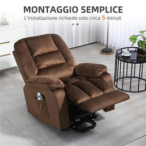 POLTRONA RELAX ALZAPERSONA RECLINABILE, MASSAGGIANTE E RISCALDATA IN VELLUTO, MARRONE