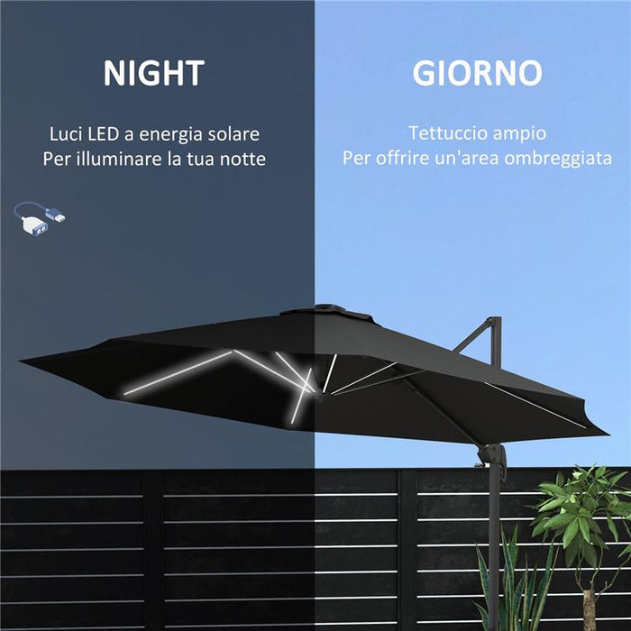OMBRELLONE A BRACCIO PER ESTERNO CON LUCI A LED E ANGOLO REGOLABILE, IN ALLUMINIO E POLIESTERE Ø3X2.5 M, GRIGIO