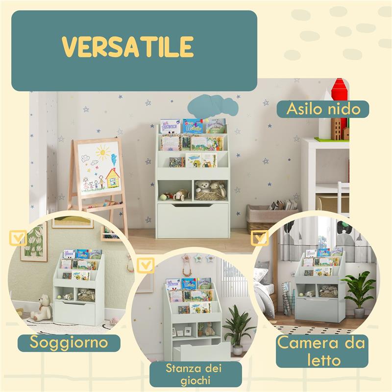PICCOLA LIBRERIA PER BAMBINI CON RIPIANI E CASSETTO IN MDF, 60X29.9X90CM, VERDE