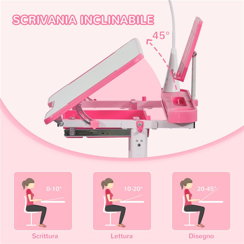 SET SCRIVANIA PER BAMBINI 6-12 ANNI CON SEDIA REGOLABILE IN ALTEZZA, CASSETTO, LUCE E PIANO INCLINABILE, ROSA