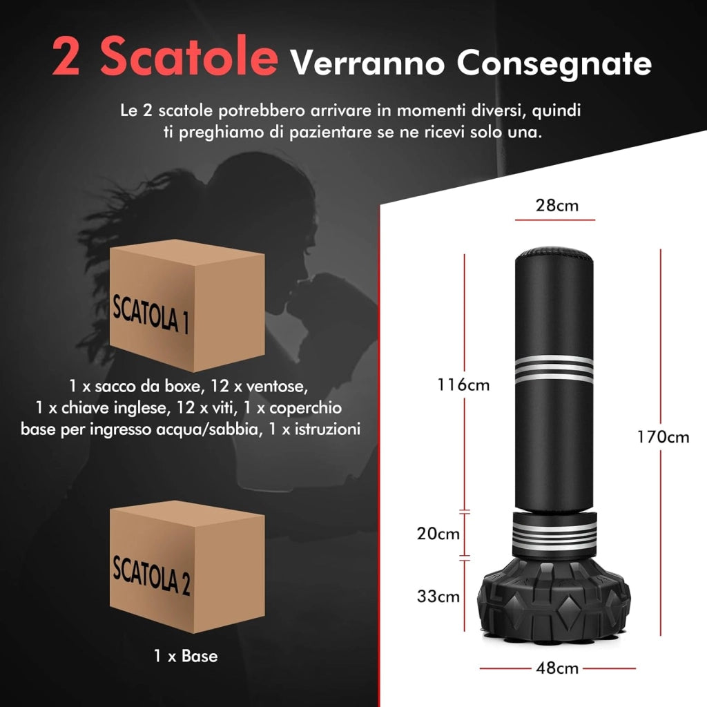 Sacco da Boxe da Terra Professionale con Area per Calci, Sacco Kick Boxing Autoportante con Base Riempibile da Sabbia e Acqua, 12 Ventose in Gomma e Struttura Multistrato