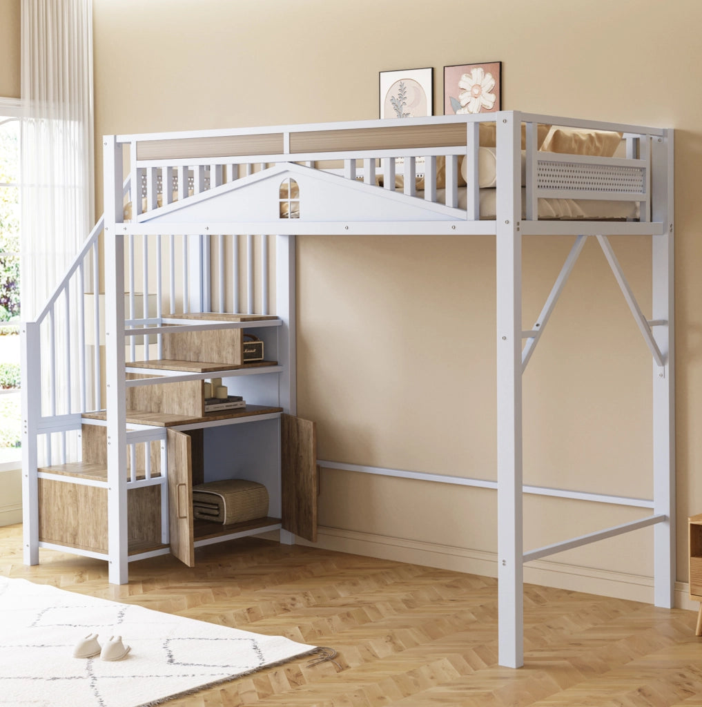 Letto a soppalco 90x200 cm in metallo e legno; con scala contenitore; bianco