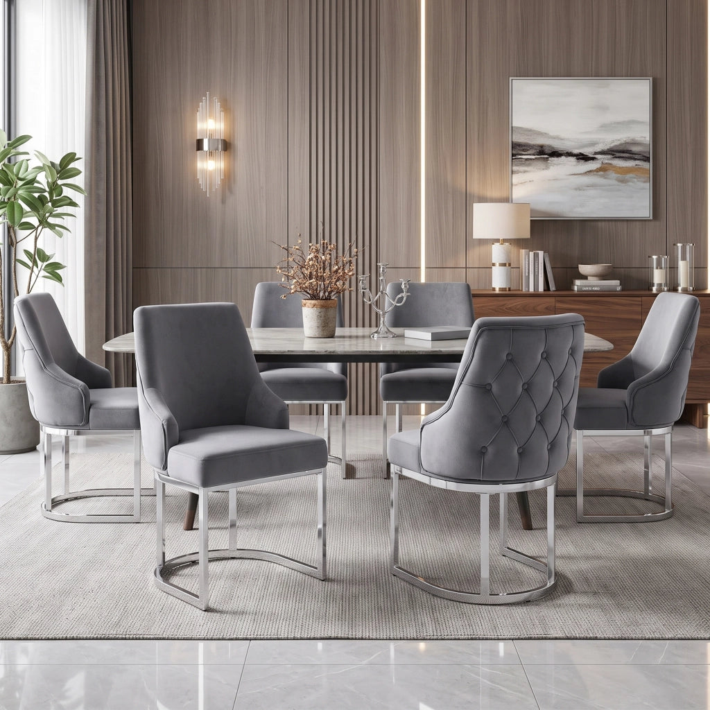 Set di 2 sedie da pranzo in velluto grigio e metallo argentato, schienale trapuntato, stile moderno