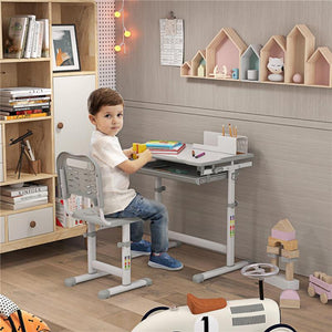 BANCO SCUOLA PER BAMBINI 6-12 ANNI CON SEDIA E ALTEZZA REGOLABILE, PIANO INCLINABILE, 66X47X52-77 CM, GRIGIO
