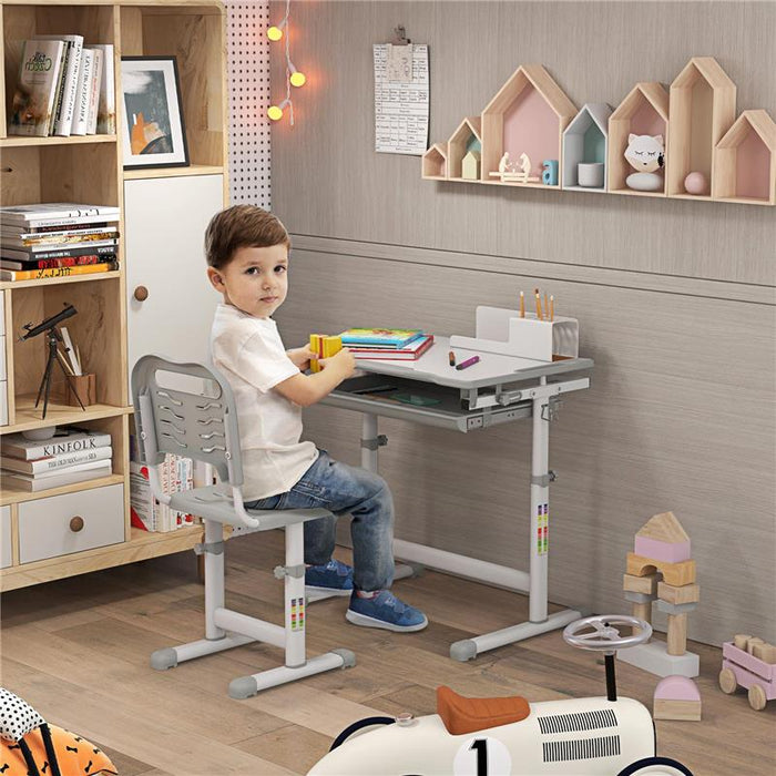 BANCO SCUOLA PER BAMBINI 6-12 ANNI CON SEDIA E ALTEZZA REGOLABILE, PIANO INCLINABILE, 66X47X52-77 CM, GRIGIO