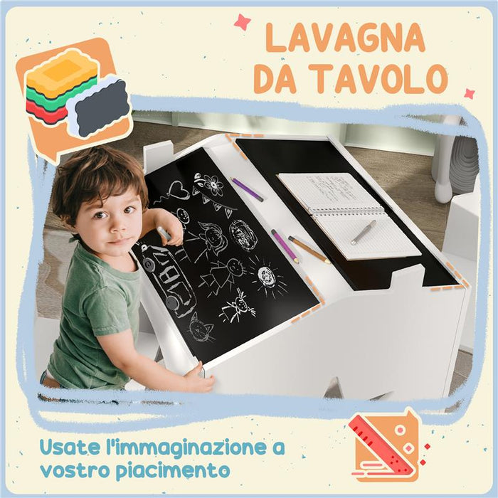 SET CON 2 SEDIE PER BAMBINI E TAVOLINO CON LAVAGNA PER CAMERETTA E ASILO, ETÀ 3-8 ANNI, BIANCO