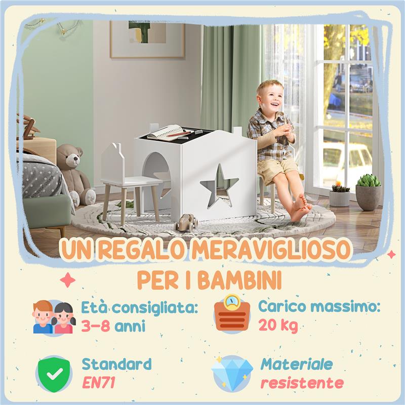 SET CON 2 SEDIE PER BAMBINI E TAVOLINO CON LAVAGNA PER CAMERETTA E ASILO, ETÀ 3-8 ANNI, BIANCO
