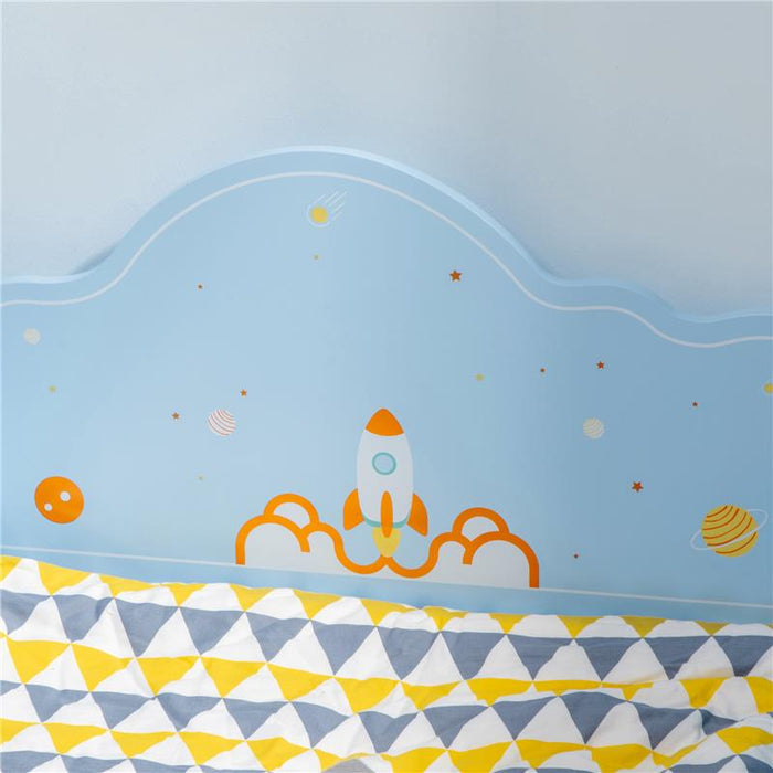 LETTO PER BAMBINI CON SPONDE E FANTASIA SPAZIALE, ETÀ 3-6 ANNI, 143X74X59CM, AZZURRO