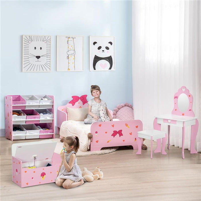 LETTO PER BAMBINI CON SPONDE E FANTASIA A FIOCCHI E CUORI, ETÀ 3-6 ANNI, 143X74X59CM, ROSA