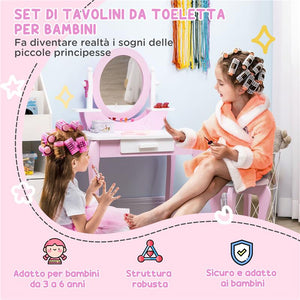 SET TOELETTA TRUCCO PER BAMBINI CON TAVOLINO CON SPECCHI E SGABELLO, ETÀ 3-6 ANNI, ROSA