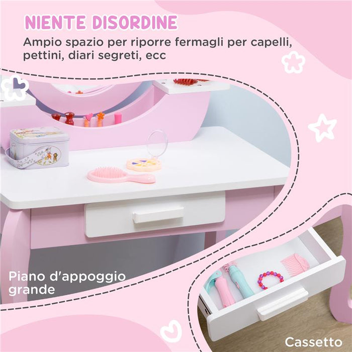 SET TOELETTA TRUCCO PER BAMBINI CON TAVOLINO CON SPECCHI E SGABELLO, ETÀ 3-6 ANNI, ROSA
