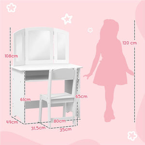 SET DA TRUCCO PER BAMBINI CON TAVOLO TOELETTA CON SPECCHIO TRIPLO RIMOVIBILE E SEDIA IN LEGNO BIANCO