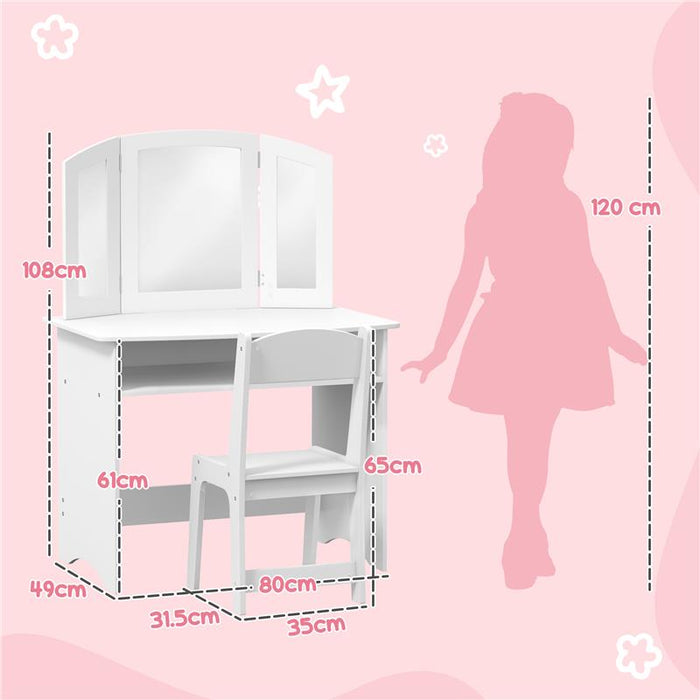 SET DA TRUCCO PER BAMBINI CON TAVOLO TOELETTA CON SPECCHIO TRIPLO RIMOVIBILE E SEDIA IN LEGNO BIANCO
